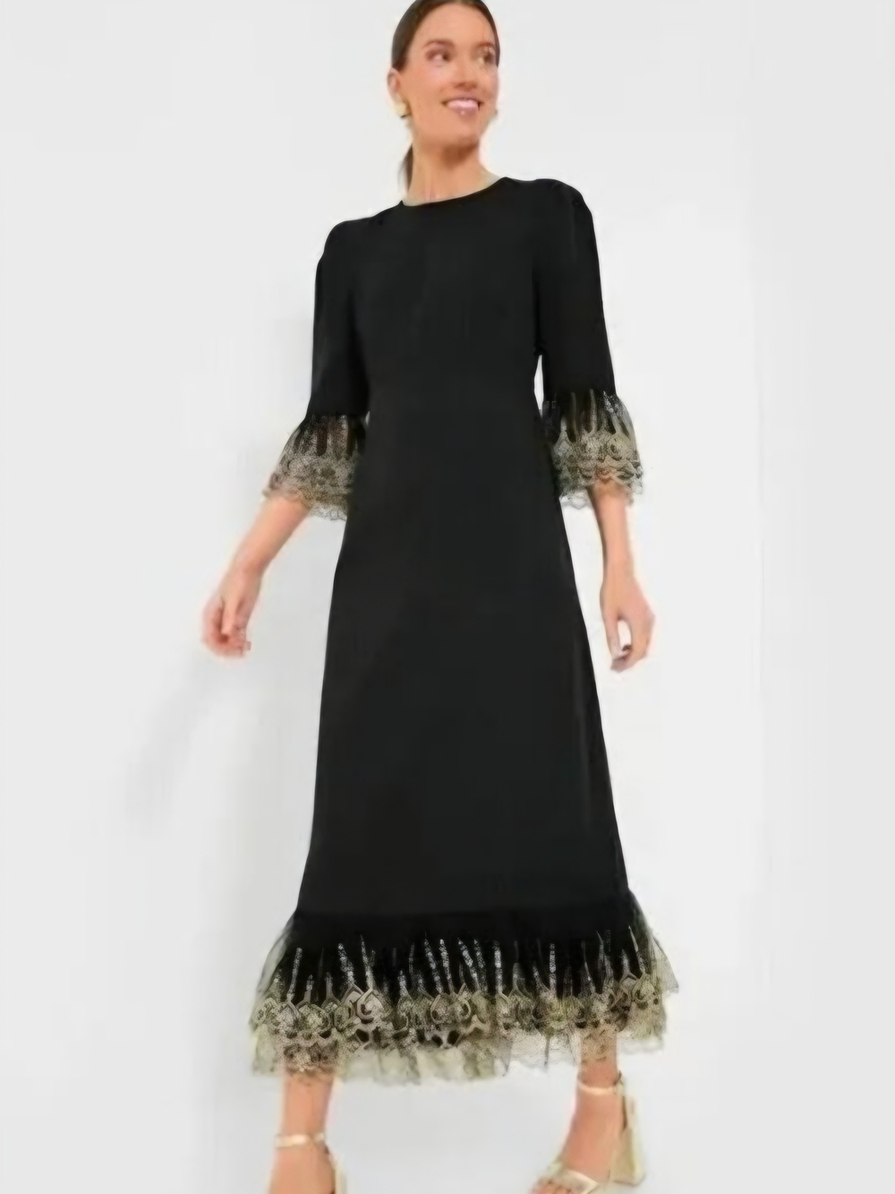 Pomander Place Black Midi Dress with Gold Lace Trim at Sleeves and Hem
